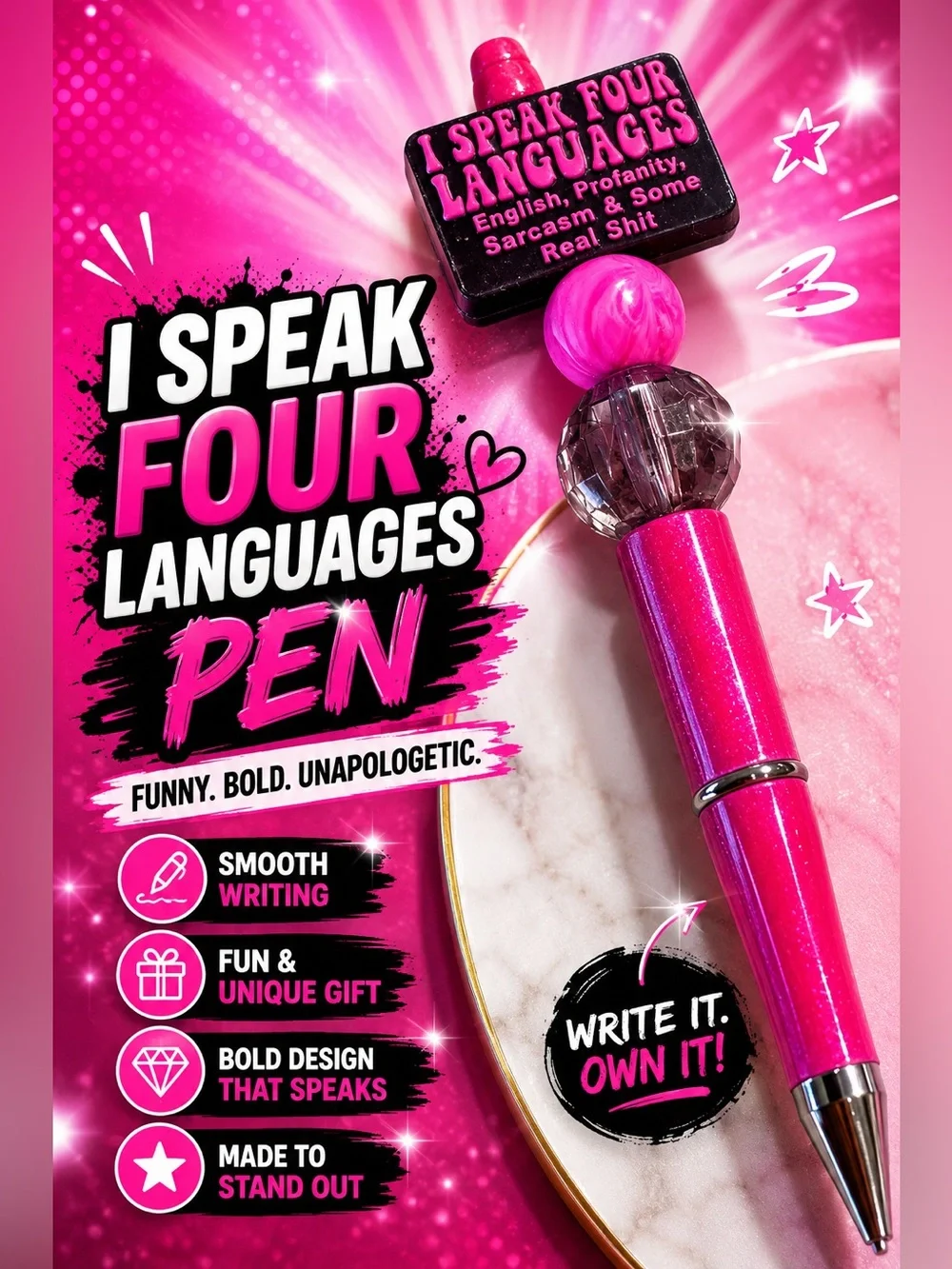 Hand Crafted Hot Pink Glitter Statement Pen with Beaded Top